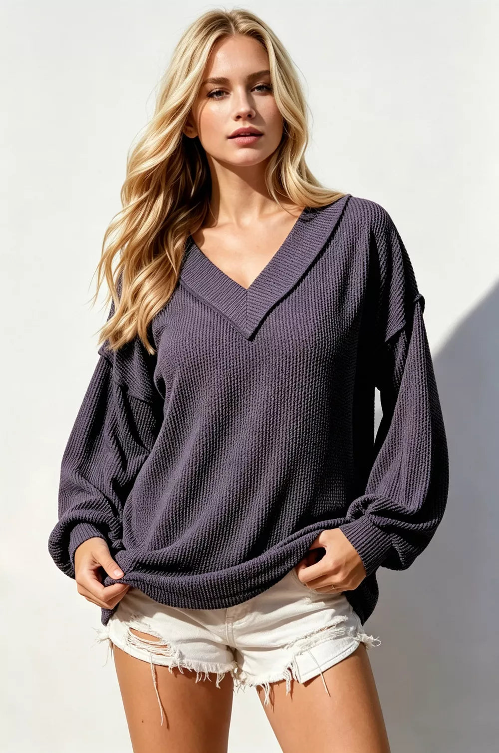 Exposed-Seam Ribbed V-Neck