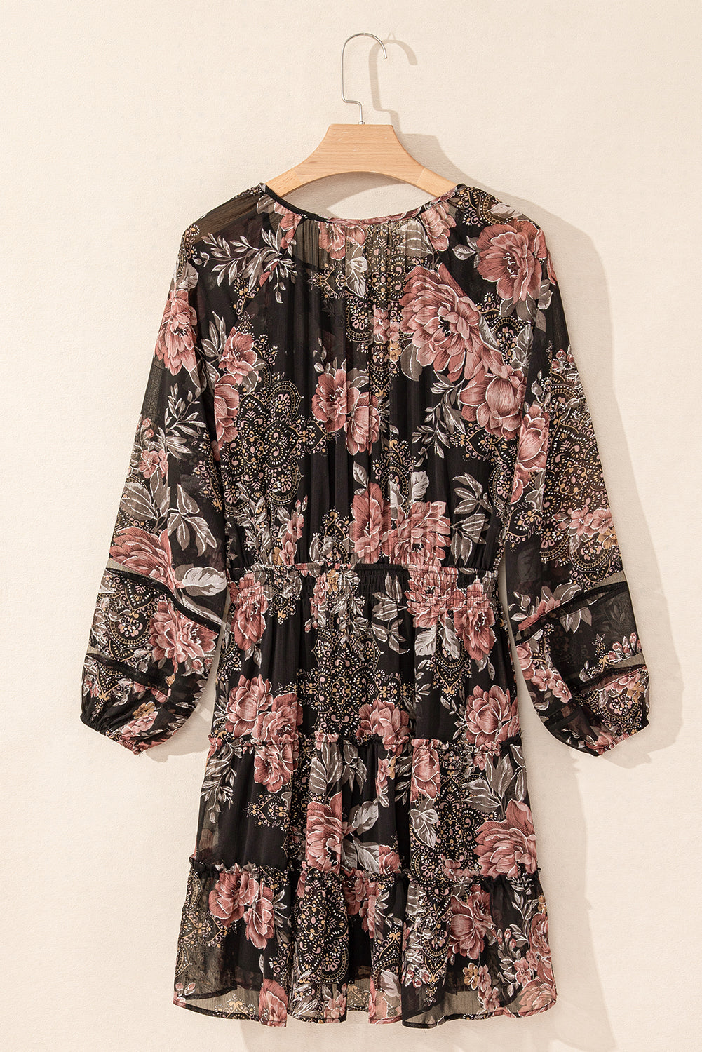 Floral Puff Long Sleeve V-Neck Smocked Waist Dress — additional view 3