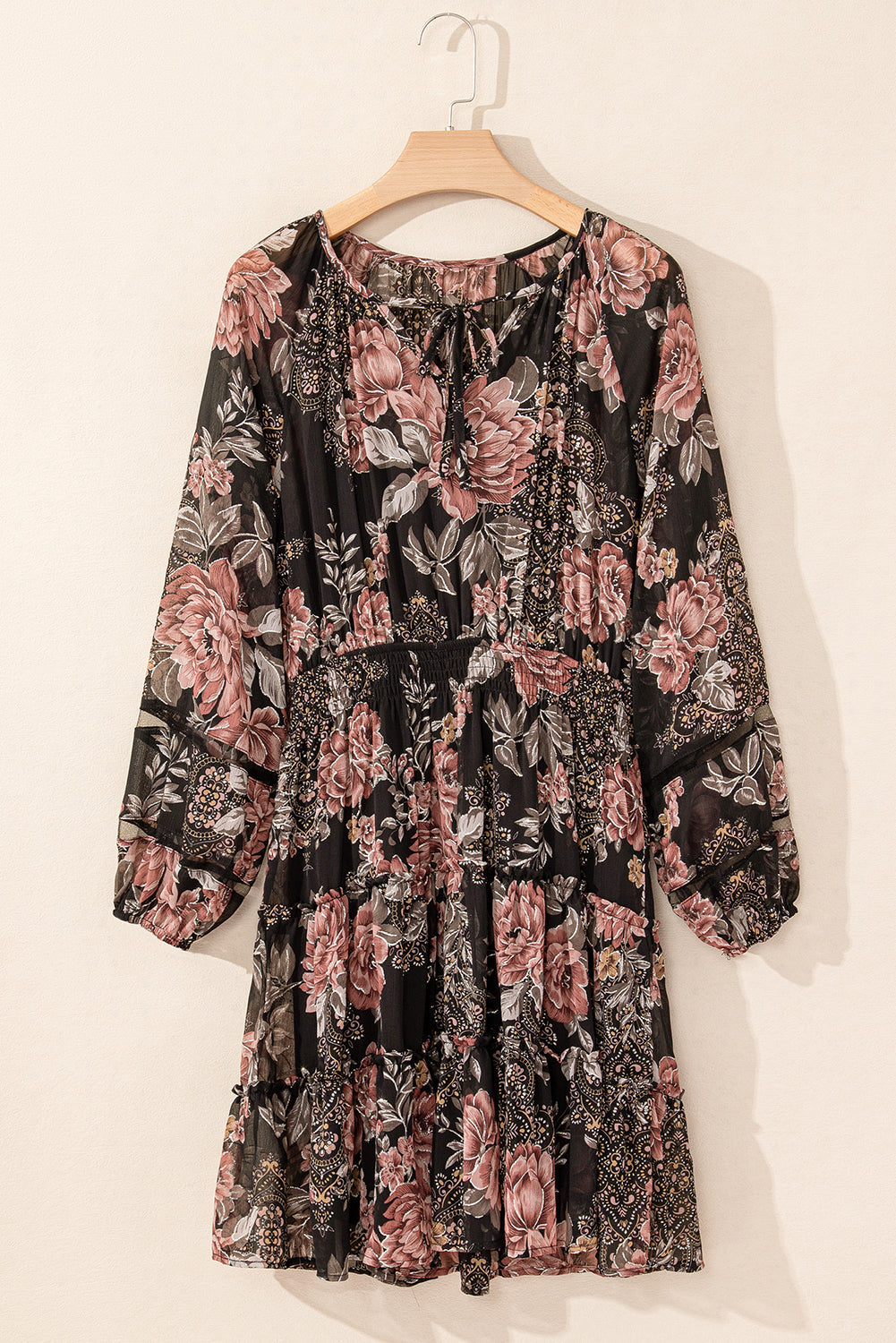 Floral Puff Long Sleeve V-Neck Smocked Waist Dress — additional view 2