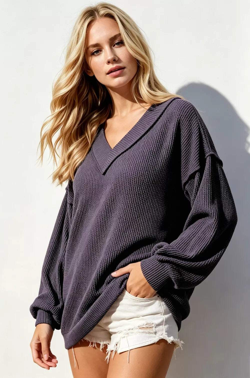 Exposed-Seam Ribbed V-Neck