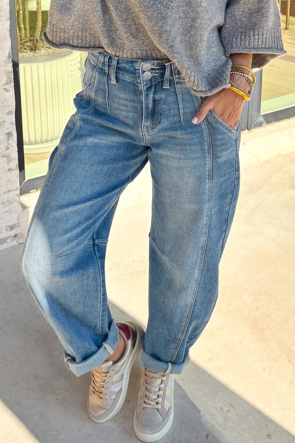 Fallon Blue Medium Wash Cuffed Barrel Jeans — additional view 3