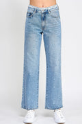 High Rise Dad Jeans W/ Fringe Waistband Detail