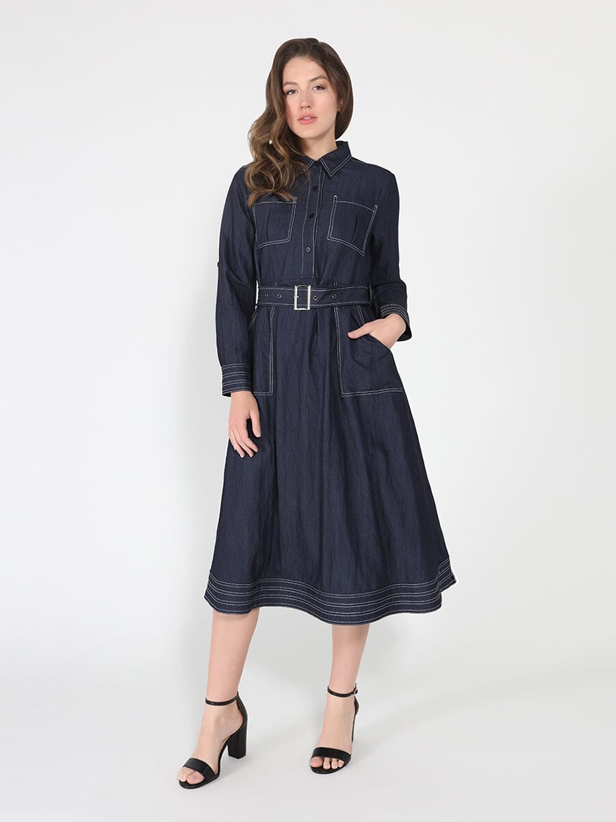 Gracia Fashion Women's Long sleeve contrast stitch denim midi dress — additional view 2