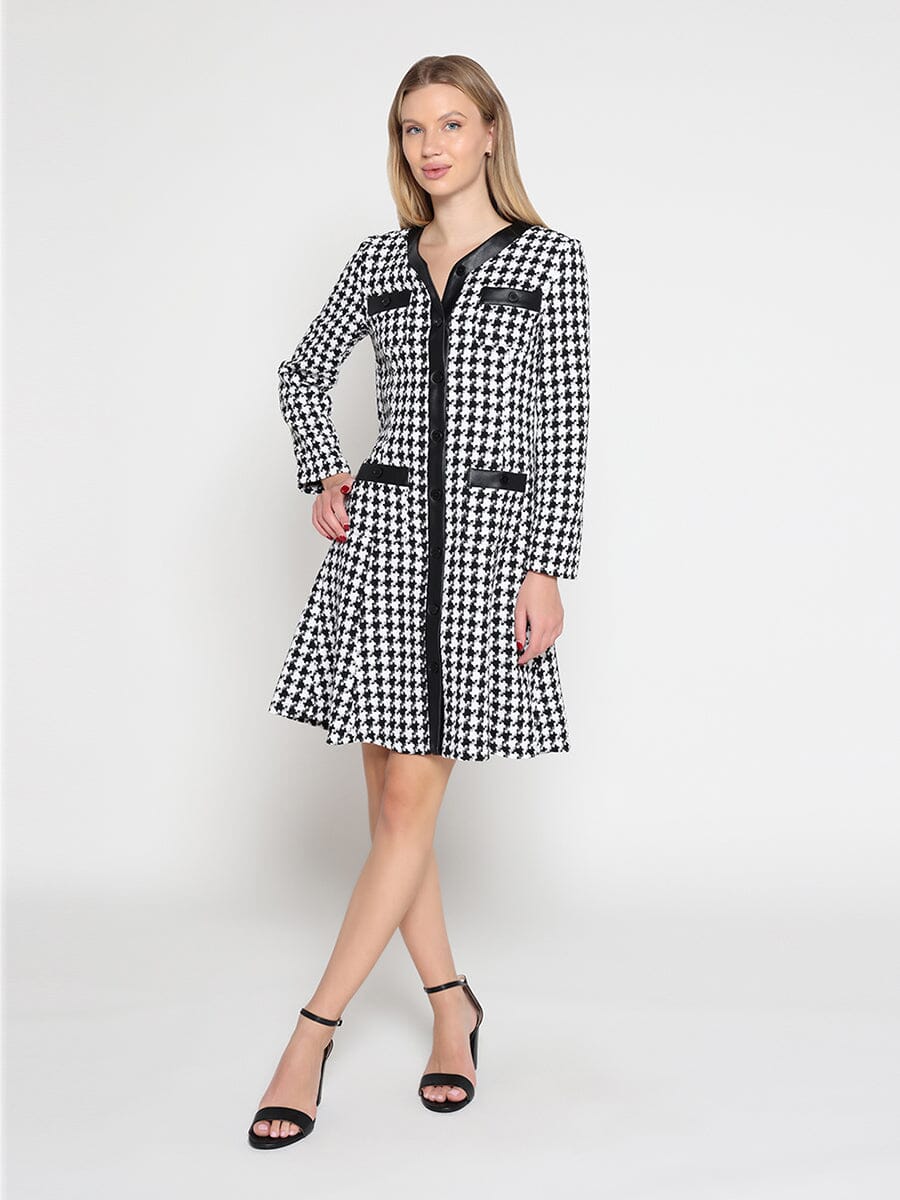 Gracia Fashion Women's Tweed Front Button Open Long Sleeve Dress